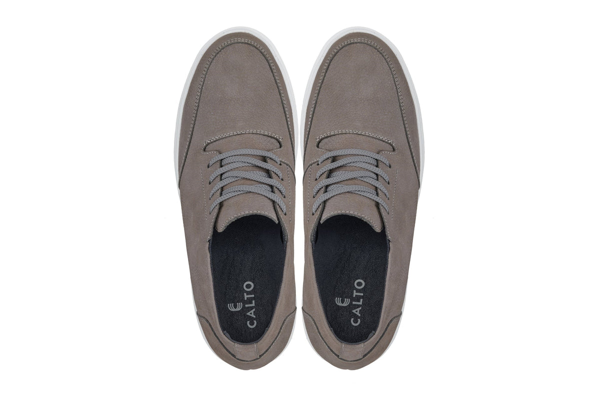 CALTO - J1771 - 3.2 Inches Taller (Grey) - Casual Chunky Sole Boots – Soft Pebble Grain Nubuck Leather