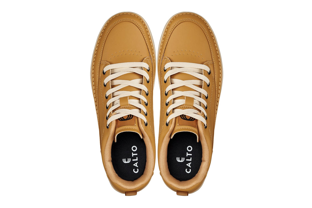 CALTO - Q274 - 2 Inches Taller (Camel Brown & Gum Sole) - Elevated Leatherette Micro-Perforated Sneakers