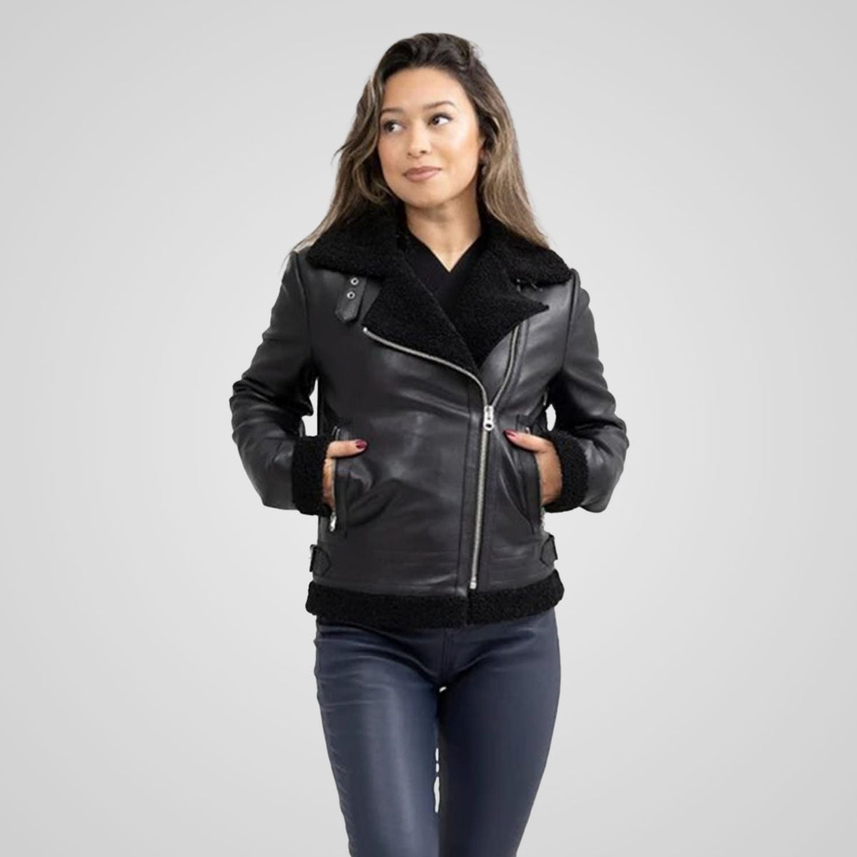 Chelsea Women's Leather Jacket Faux Shearling
