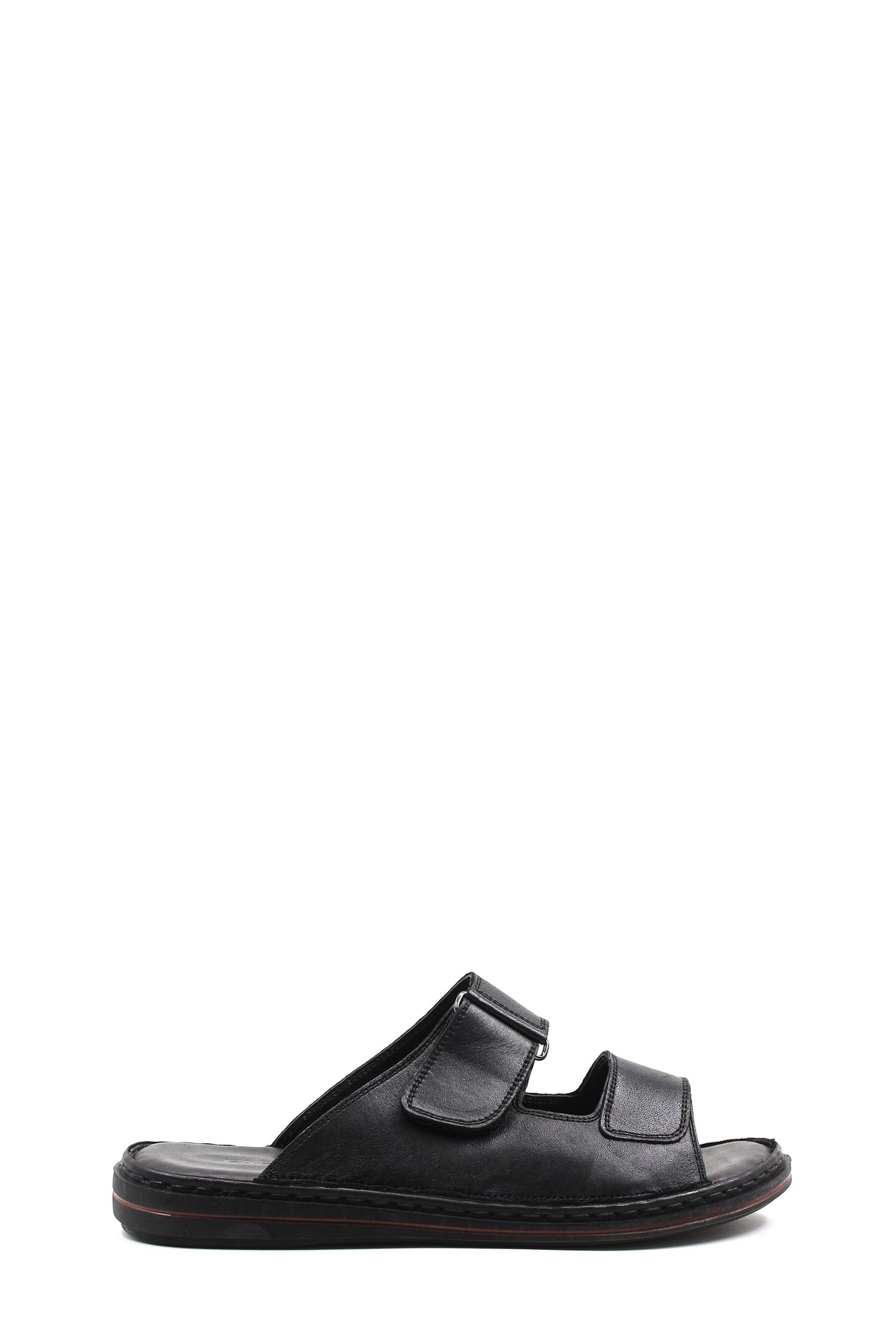 Men's Black Leather Open-Toe Slippers with Adjustable Straps - Wessi