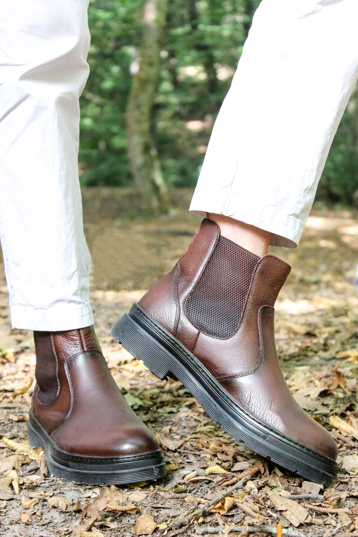 Men's Brown Leather Chelsea Boots Elastic Side Panels with Fur Lining - Wessi