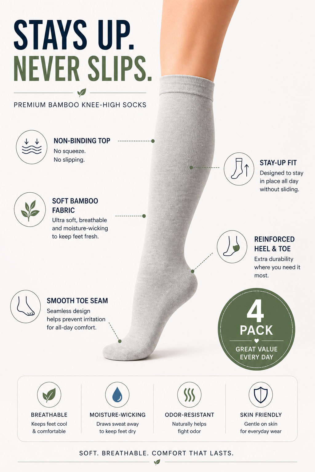 Women’s Bamboo Knee-High Socks 4-Pack – Soft &amp; Breathable