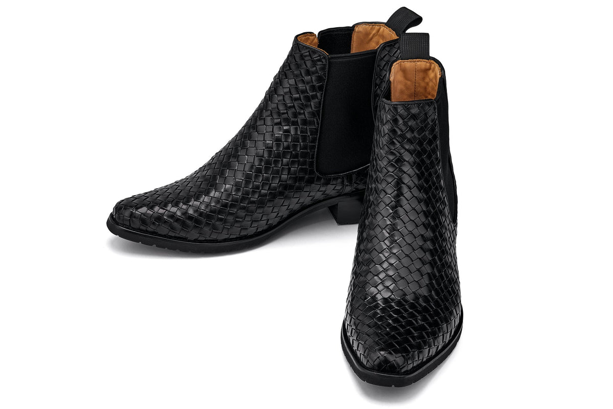 CALTO - K30521 - 3.3 Inches Taller (Black) - Woven Slip-On High-Top Chelsea Ankle Boots