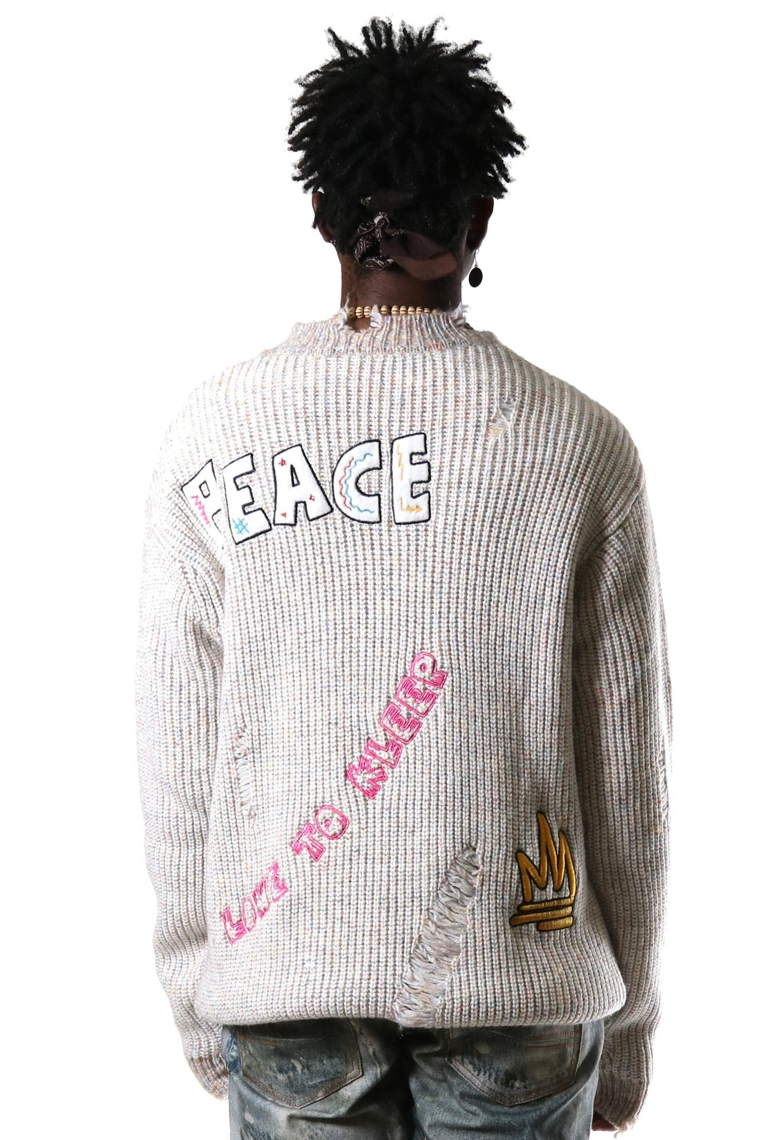 KELVE Heavy Gauge Ripped Knit Sweater with patches