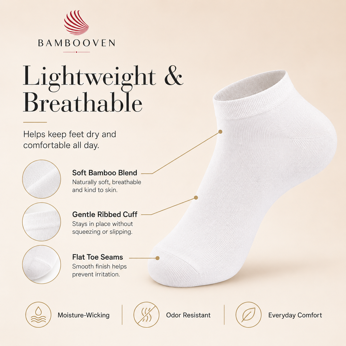 Women’s Bamboo Ankle Socks 6-Pack, White, Blush &amp; Black