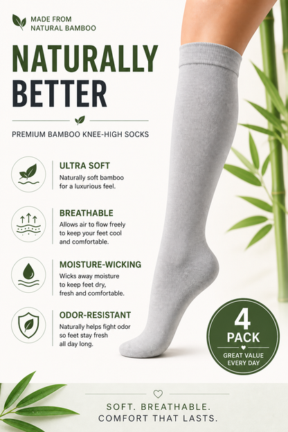 Women’s Bamboo Knee-High Socks 4-Pack – Soft &amp; Breathable